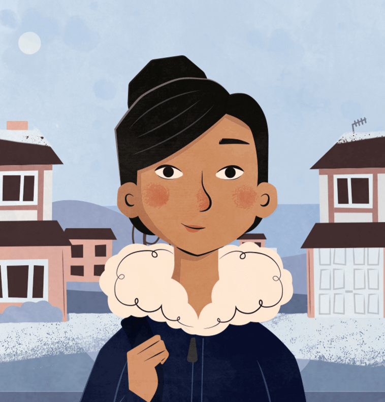 Illustrated woman with dark hair tied back, wearing a blue coat with a fluffy white collar, standing in front of houses with a pale blue sky in the background.