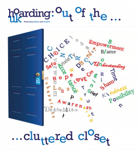 Graphic with a blue door labelled “Do Not Disturb” opening to reveal a jumble of colourful words such as “Choice,” “Anxiety,” “Acceptance,” “Grief,” “Kindness,” and “Depression.” The text around the image reads: “hoarding: out of the… cluttered closet UK – Promoting Choice and Control.